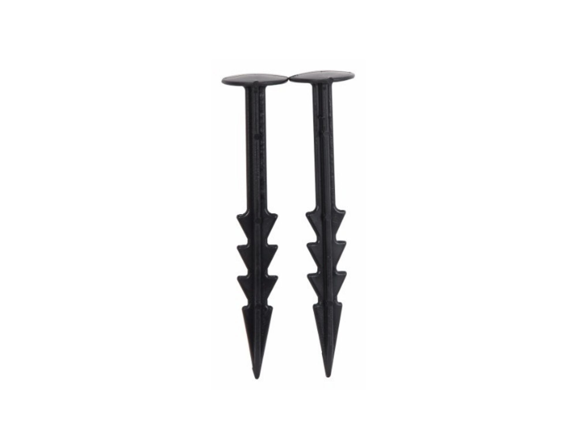 "Pair of 6-inch black plastic ground cover pegs with sharp, angled tips for easy soil insertion and secure fastening of landscape fabrics and ground covers."