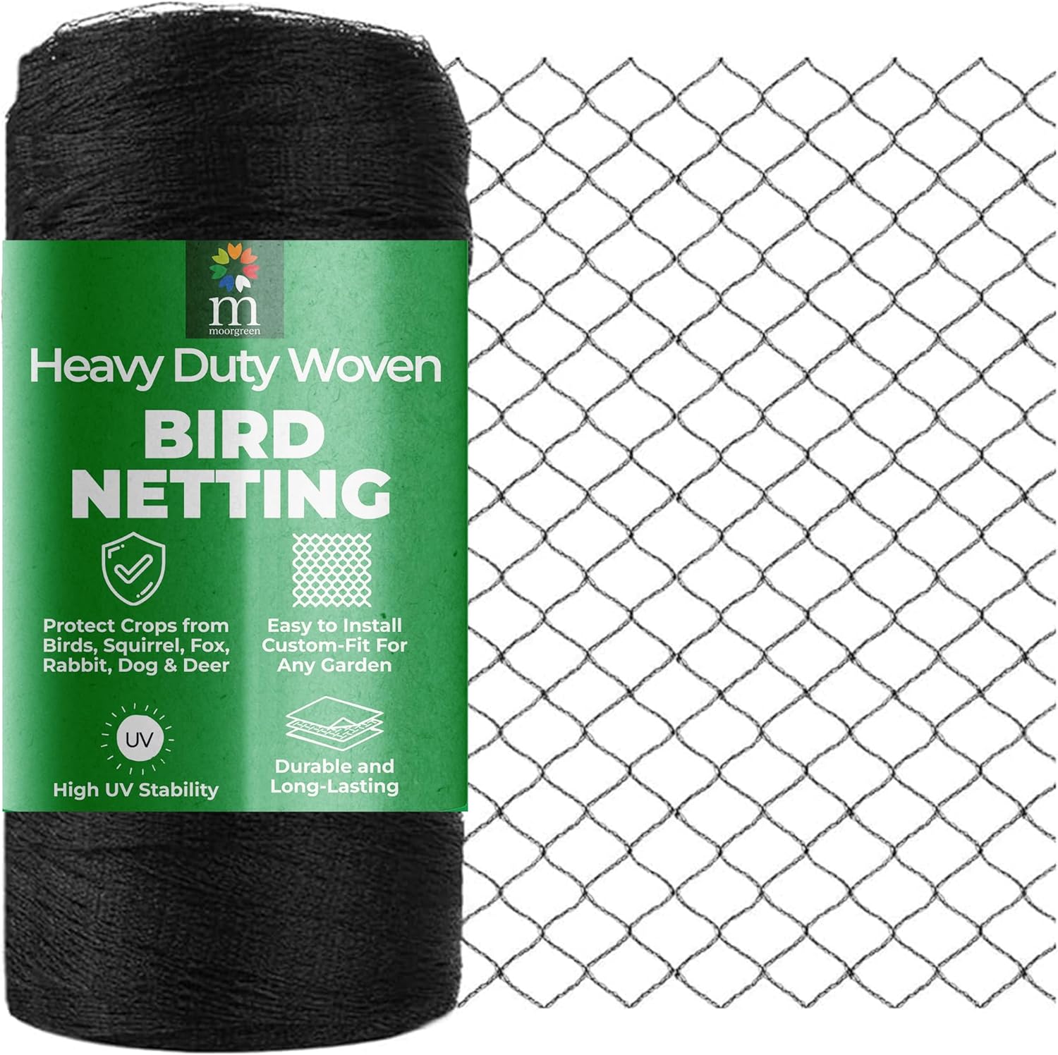 "Heavy Duty Woven Bird Netting Roll for Garden Protection against Birds, Squirrels, Foxes, Rabbits, Dogs, and Deer. UV stable, durable, and long-lasting with easy installation for custom fitting any garden."