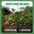 "Protect your garden: On the left, without netting, birds and squirrels damage plants. On the right, with netting, the plants remain intact and protected."