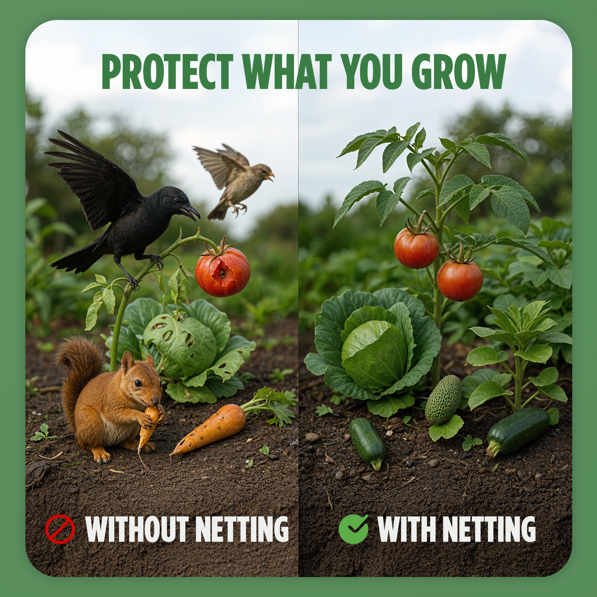 "Protect your garden: On the left, without netting, birds and squirrels damage plants. On the right, with netting, the plants remain intact and protected."