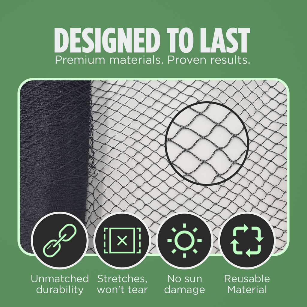 "Heavy-duty bird netting designed for durability, stretches without tearing, resistant to sun damage, and reusable for long-term use."
