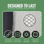 "Heavy-duty bird netting designed for durability, stretches without tearing, resistant to sun damage, and reusable for long-term use."