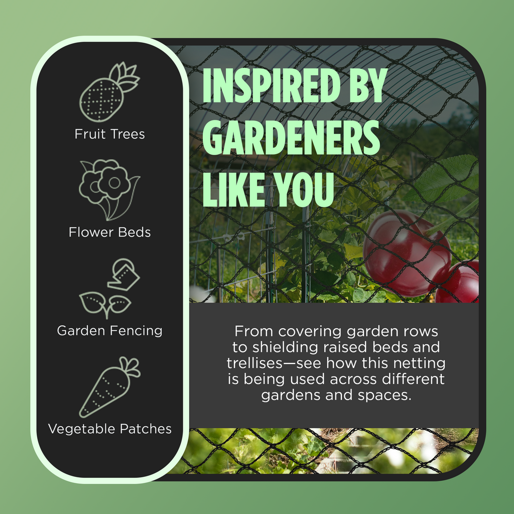 "Gardening netting inspired by gardeners, ideal for use with fruit trees, flower beds, garden fencing, and vegetable patches to protect plants from pests."