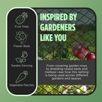 "Gardening netting inspired by gardeners, ideal for use with fruit trees, flower beds, garden fencing, and vegetable patches to protect plants from pests."