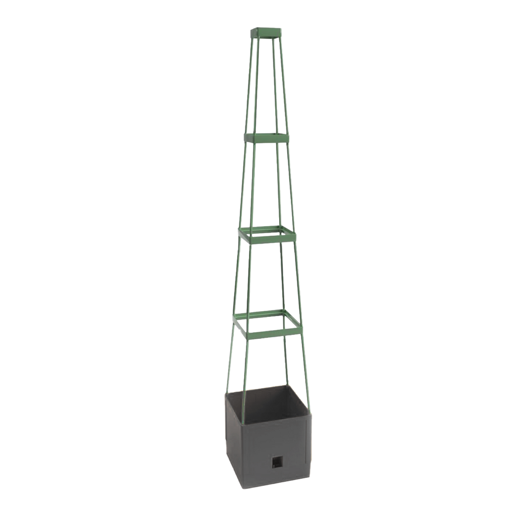 "Maxitom Plant Tower with four square supports and a base container, designed for vertical plant growth, perfect for climbing plants like tomatoes, cucumbers, and beans."