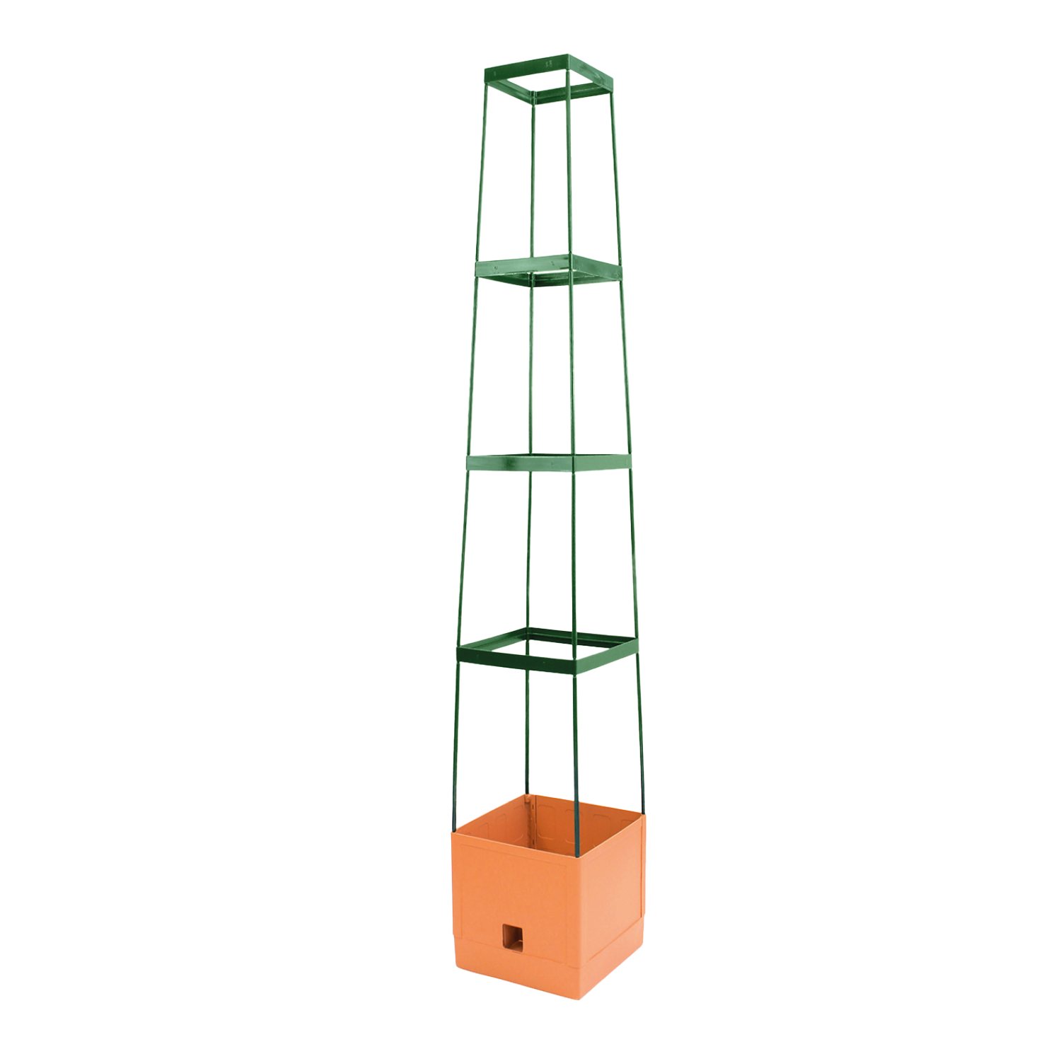 "Maxitom Plant Tower with four square supports and a terracotta base container, designed for supporting vertical growing plants such as tomatoes, cucumbers, and beans."