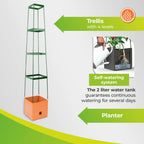 "Maxitom Plant Tower with four-level trellis and self-watering system featuring a 2-liter water tank, designed to ensure continuous watering for several days, perfect for growing climbing plants."
