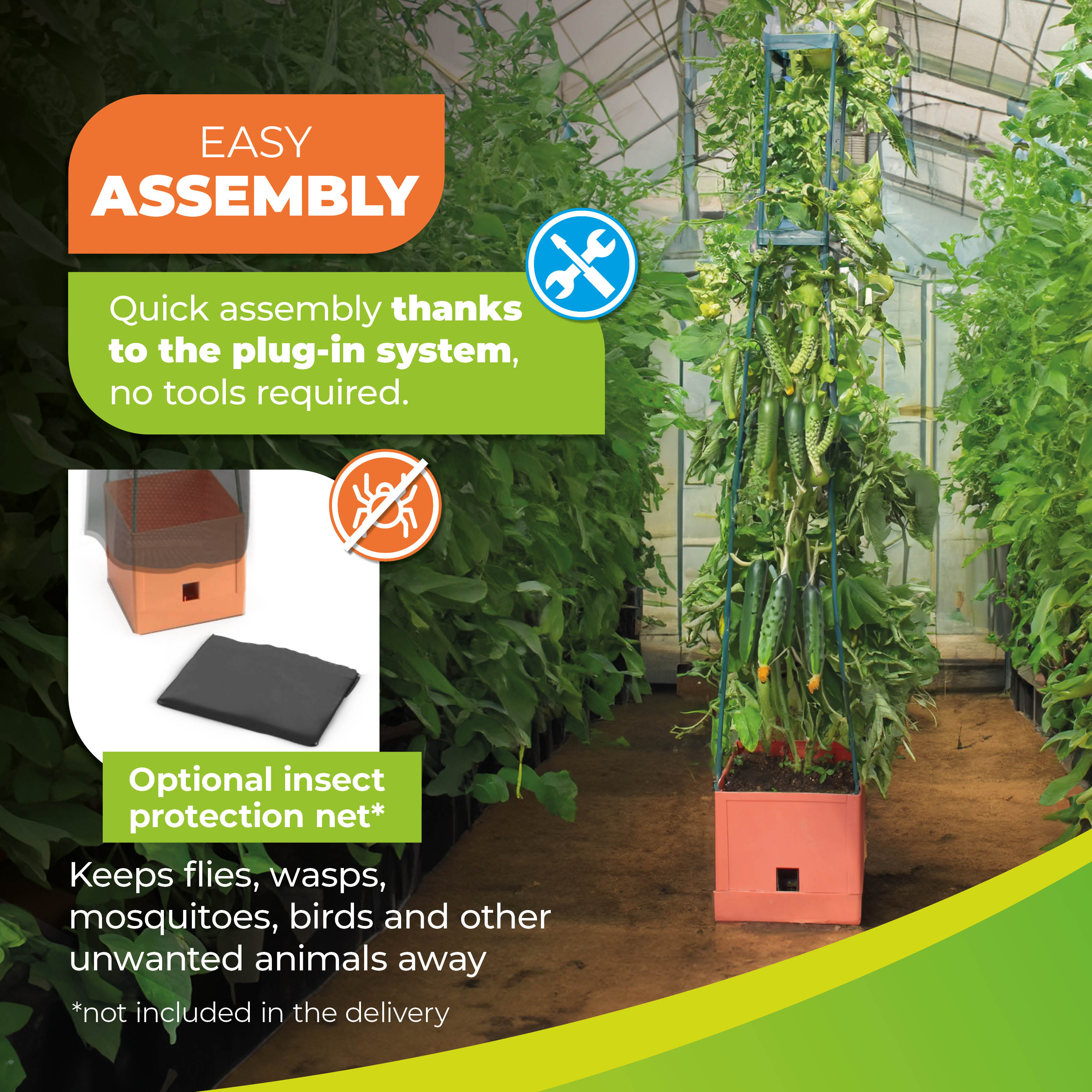 Maxitom planter box with trellis and integrated irrigation system, featuring a 16-liter capacity, ideal for climbing plants like tomatoes, cucumbers, beans, and peppers."