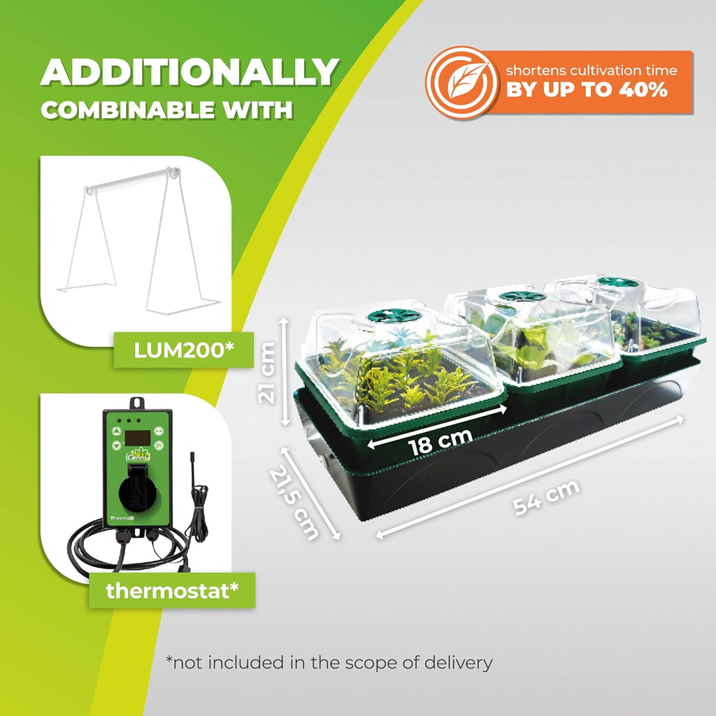 Biogreen Hollandia Heated Propagator with Additional Accessories – The image highlights the Biogreen Hollandia Heated Propagator with its dimensions (54 cm x 18 cm x 21.5 cm). It also shows two compatible accessories: the LUM200 lighting system (21 cm height) and the thermostat for precise temperature control. The image emphasizes how these accessories can shorten cultivation time by up to 40%, though they are not included in the delivery.