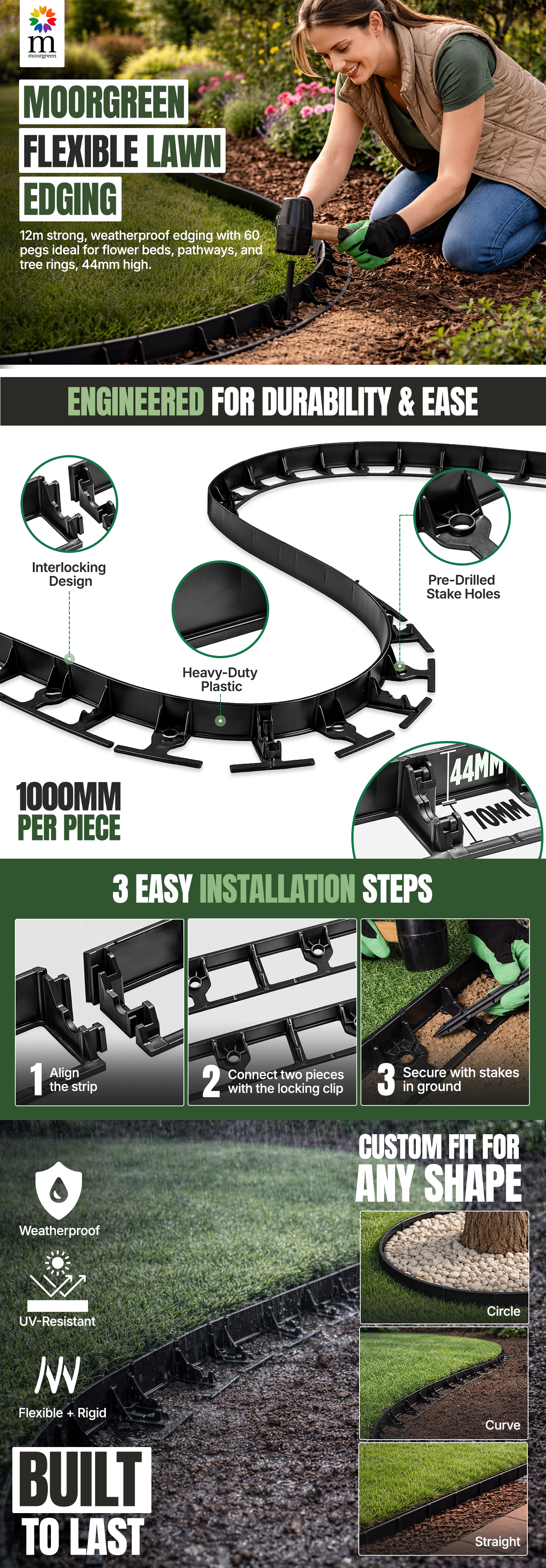 Moorgreen Flexible Lawn Edging with 60 Anchoring Pegs | Durable Plastic Garden Border for Landscaping