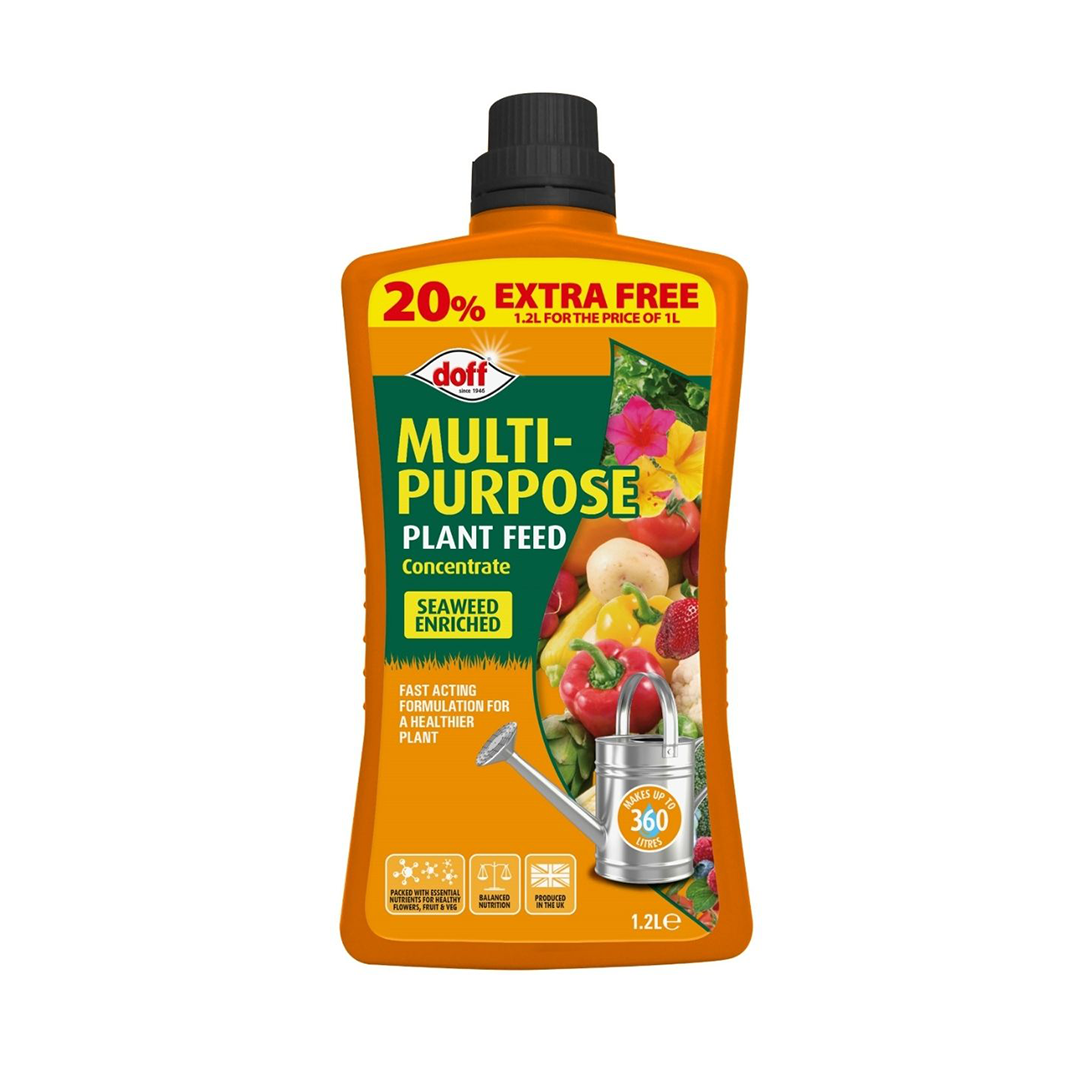 Doff Multi-Purpose Plant Feed Concentrate 1.2L bottle, seaweed enriched liquid fertiliser for flowers, vegetables, and garden plants with 20% extra free label