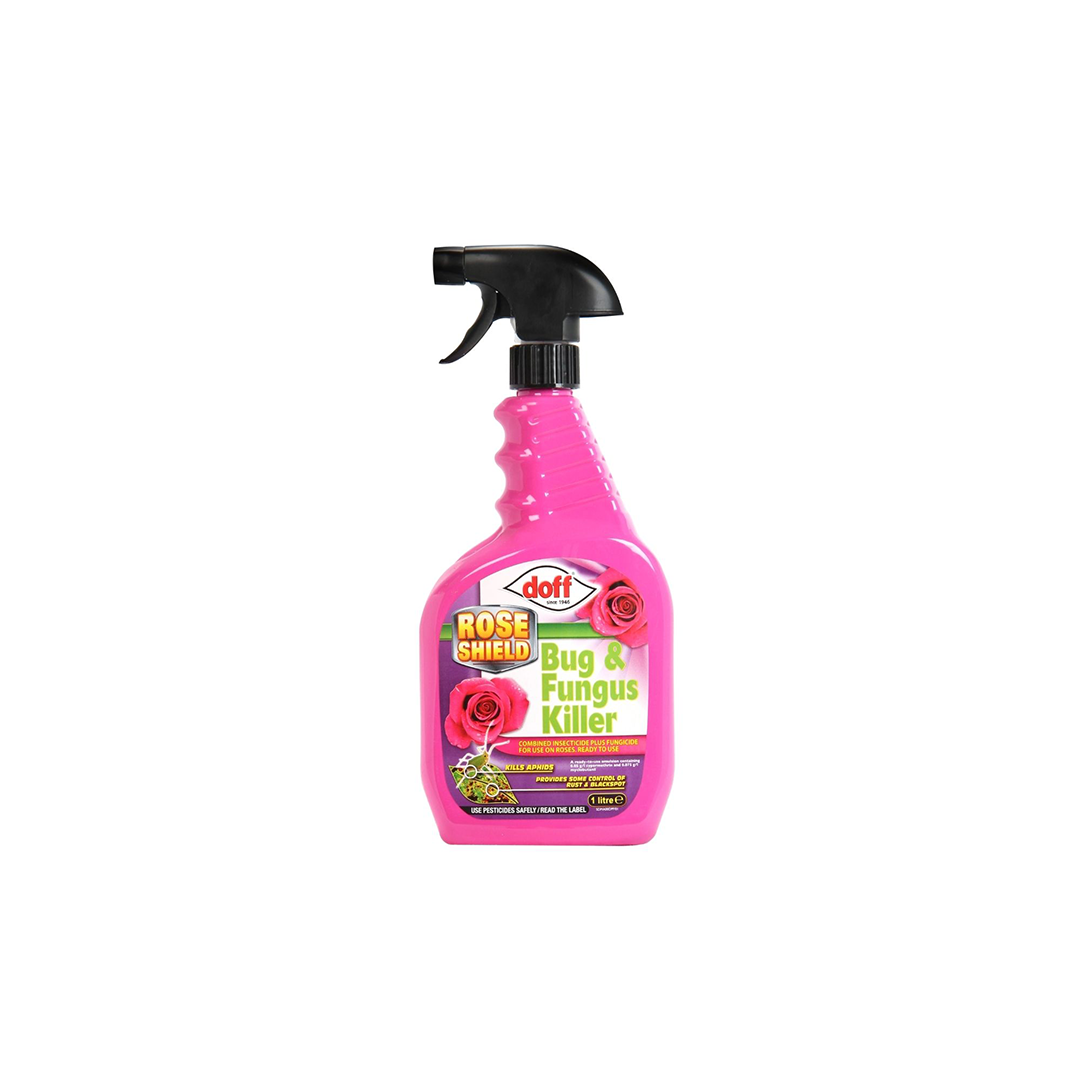 Doff Rose Shield Bug & Fungus Killer 1L – A pink trigger spray bottle of Doff Rose Shield Bug & Fungus Killer, featuring a label with the product name, ideal for controlling pests and fungal diseases on roses and flowering plants. The bottle is designed for easy application and is ready to use.