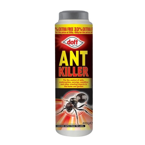 Doff Ant Killer Powder 400g – A container of Doff Ant Killer Powder featuring a label with bold text, showcasing the product's name, usage for controlling ants, cockroaches, and other crawling insects, and a visual of ants on the label. It includes the additional 33% extra free offer.