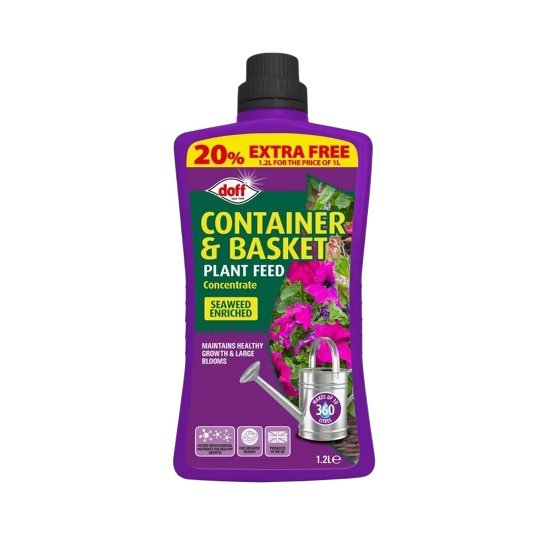 Doff Container and Basket Plant Feed 1.2L bottle, seaweed enriched liquid fertiliser for hanging baskets, patio pots, and window box plants with 20% extra free label