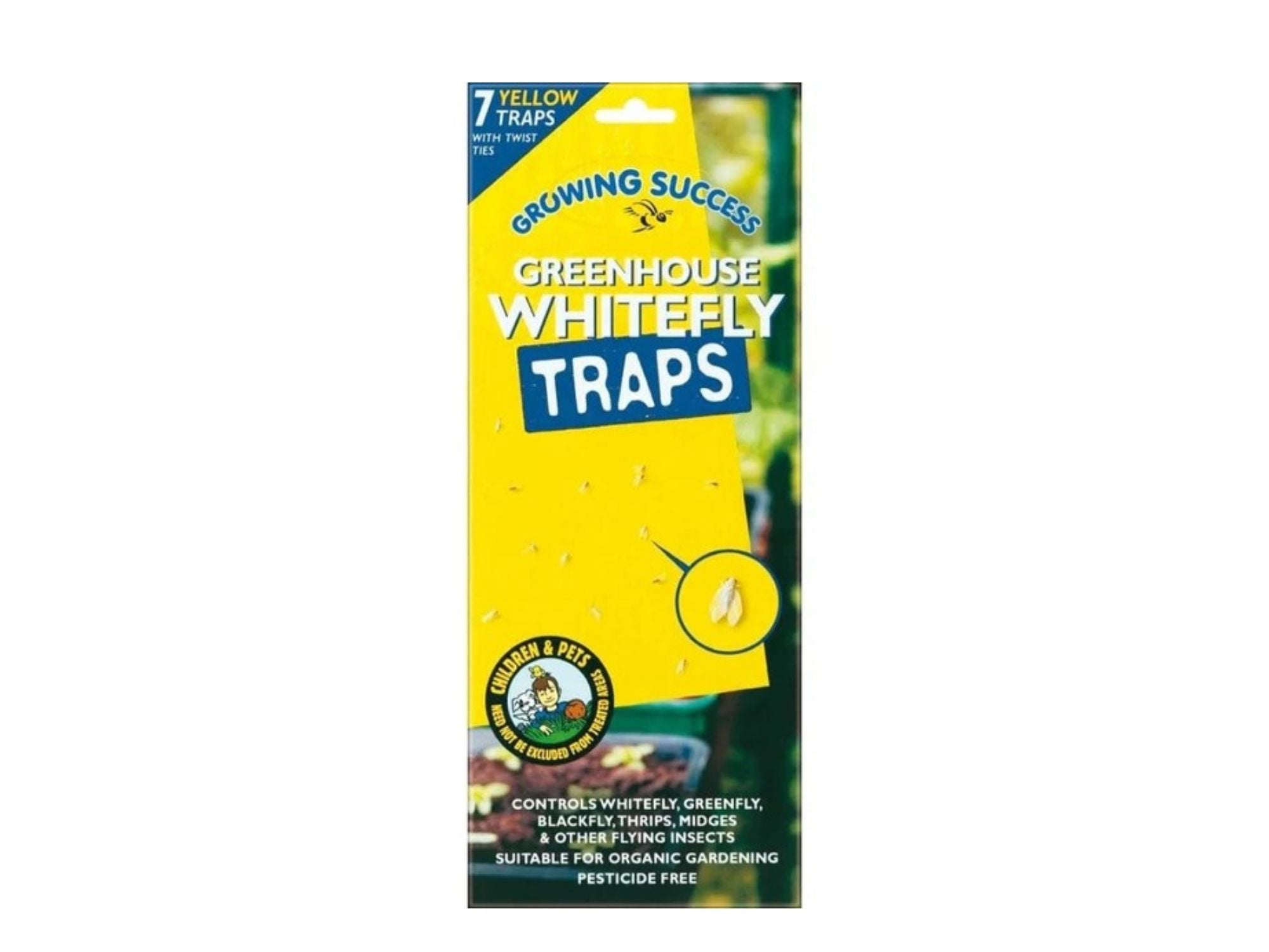 Doff Greenhouse Whitefly Traps (7 Pack) – The image displays a pack of Doff Greenhouse Whitefly Traps, containing 7 yellow sticky traps designed for capturing flying insects such as whitefly, greenfly, blackfly, thrips, and midges. The packaging highlights that these traps are suitable for organic gardening and pesticide-free use. The traps come with twist ties for easy installation and are a reliable, eco-friendly pest control solution for greenhouses.