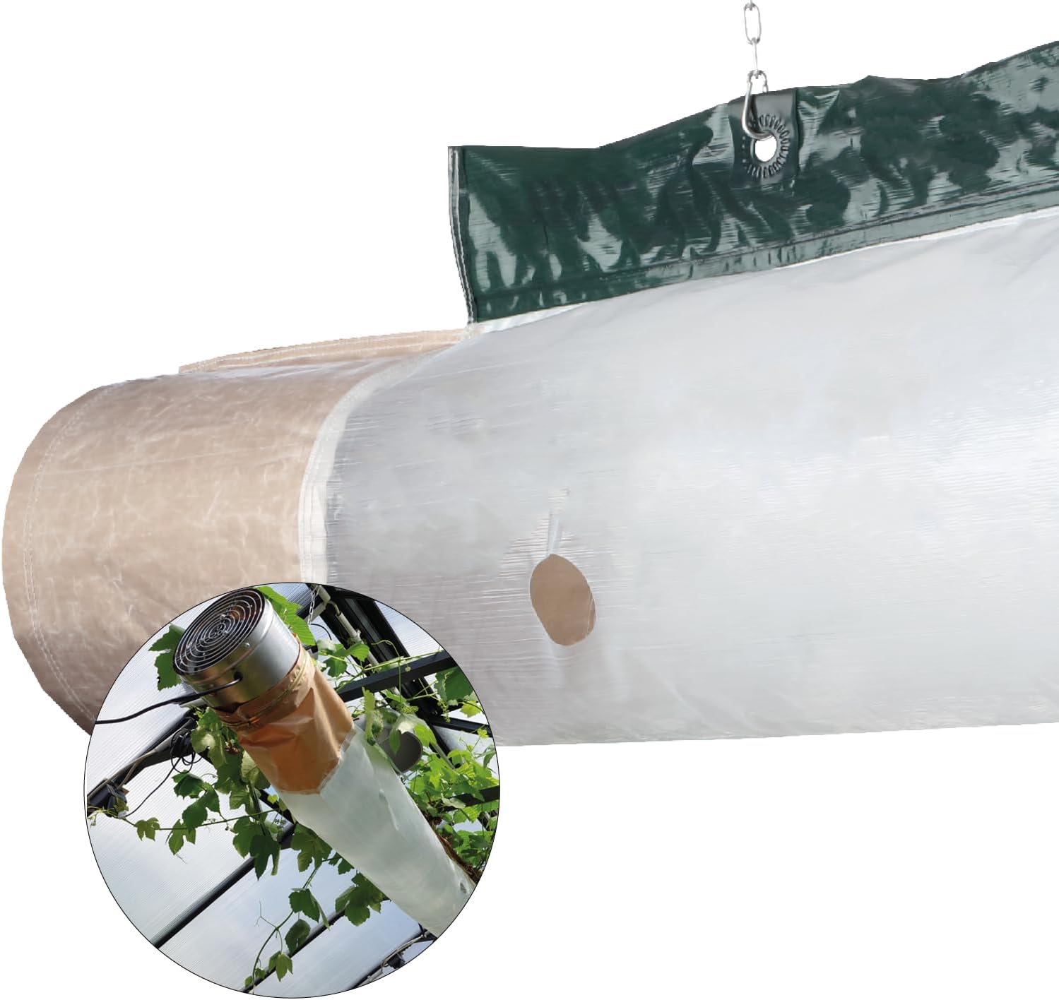 The image shows the Biogreen Energy Saving Tube for Phoenix Heaters, including the tube, a hose clamp, chains, and T-bolts. It highlights the energy-efficient design, durable construction, and easy installation process for effective heat distribution in greenhouses.