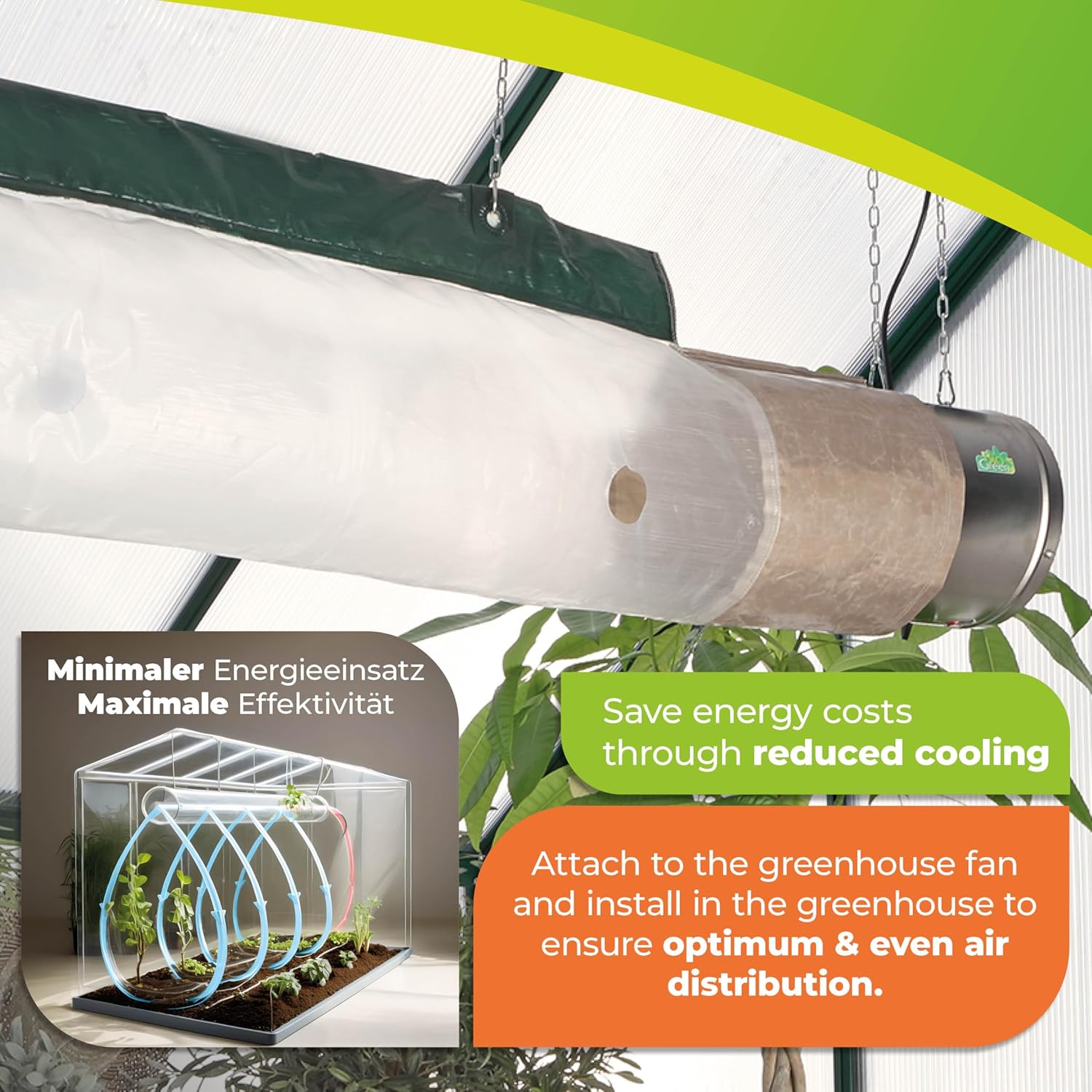 The image shows the Biogreen Energy Saving Tube for Phoenix Heaters, featuring a flexible tube made from durable RAINEXO greenhouse tarp, along with mounting accessories including hose clamps, chains, and T-bolts. It is designed to evenly distribute heat in greenhouses and enhance energy efficiency.