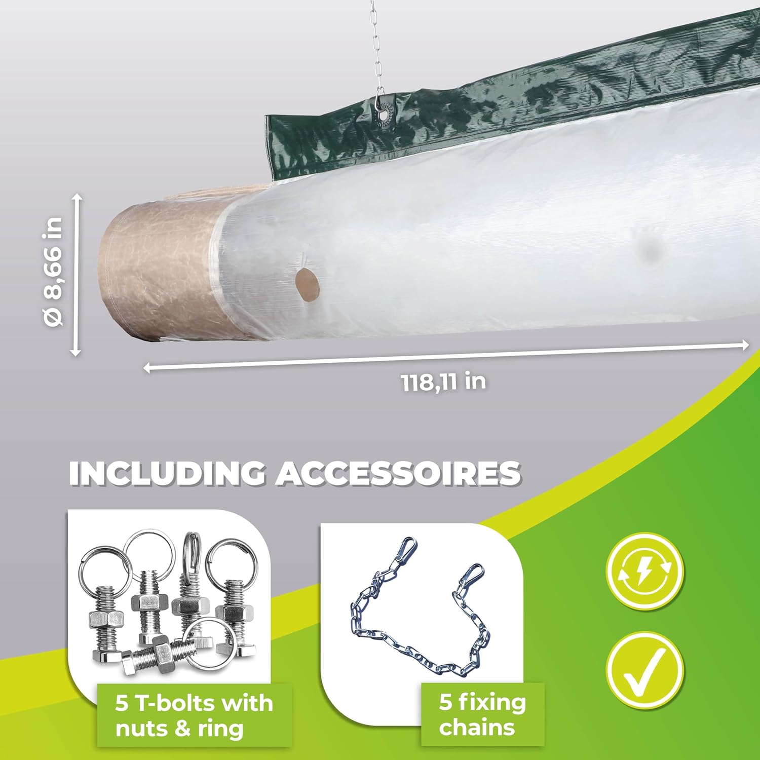 The image shows the Biogreen Energy Saving Tube designed for Phoenix Heaters. It includes a durable, flexible tube made from high-quality RAINEXO greenhouse tarp with ultrasonic welded grommets for secure attachment, as well as mounting accessories such as hose clamps, chains, and T-bolts. The tube helps distribute heat evenly throughout the greenhouse for energy efficiency.