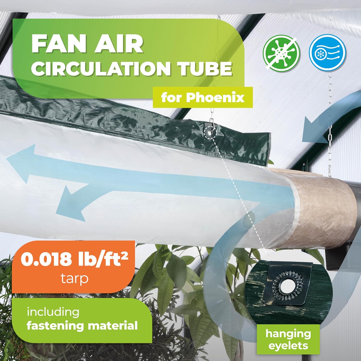 "Fan air circulation tube for efficient heat distribution, designed for use with Biogreen Phoenix heaters in greenhouses, ensuring even airflow and temperature control."