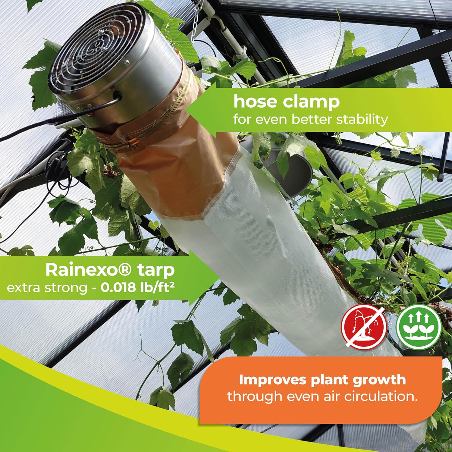 "Rainexo® tarp with hose clamp attached to the air circulation tube for better stability, designed to improve plant growth by ensuring even air circulation in the greenhouse."