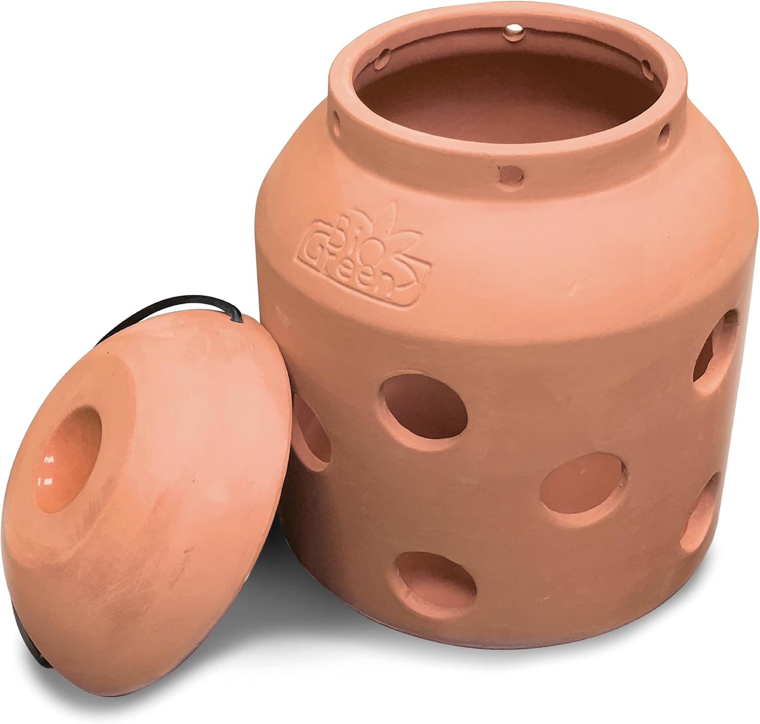 The image shows a Biogreen Firefly Terracotta Greenhouse Heater, designed to keep your plants warm during the colder months. The heater is made from durable terracotta material and features holes for heat circulation. It comes with a lid for easy heat retention and is powered by renewable biomass candles, offering an eco-friendly solution for frost protection in greenhouses and gardens.