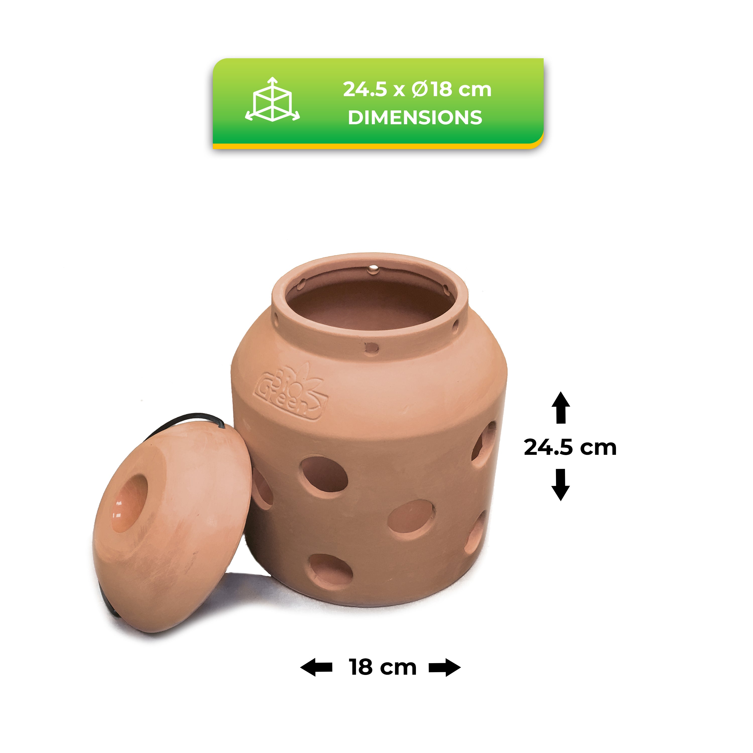 This image shows the Biogreen Firefly Terracotta Frost Guard Heater, highlighting its dimensions: 24.5 cm in height and 18 cm in diameter. The heater is made from terracotta and features a lid and multiple holes for ventilation. This eco-friendly heater is used for frost protection in gardens, offering a natural and sustainable way to keep plants warm during cold weather.