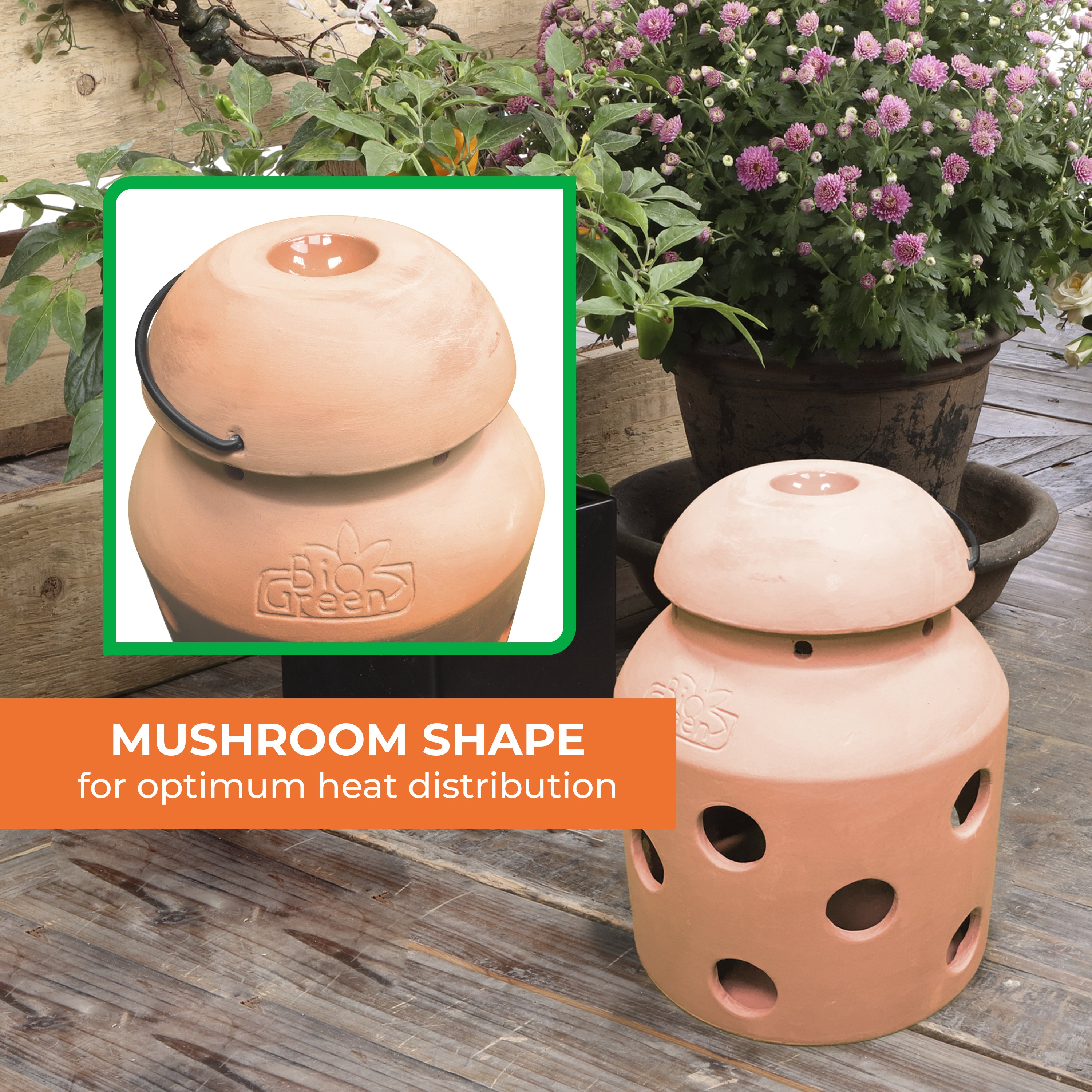 This image shows the Biogreen Firefly Terracotta Frost Guard Heater, designed with a mushroom-shaped top for optimal heat distribution. The heater is made of terracotta and is shown next to potted plants, enhancing the garden's aesthetic while providing frost protection. The mushroom shape ensures that heat is evenly radiated, keeping plants warm during cold weather. The product is eco-friendly and efficient, ideal for greenhouses or outdoor gardening spaces.