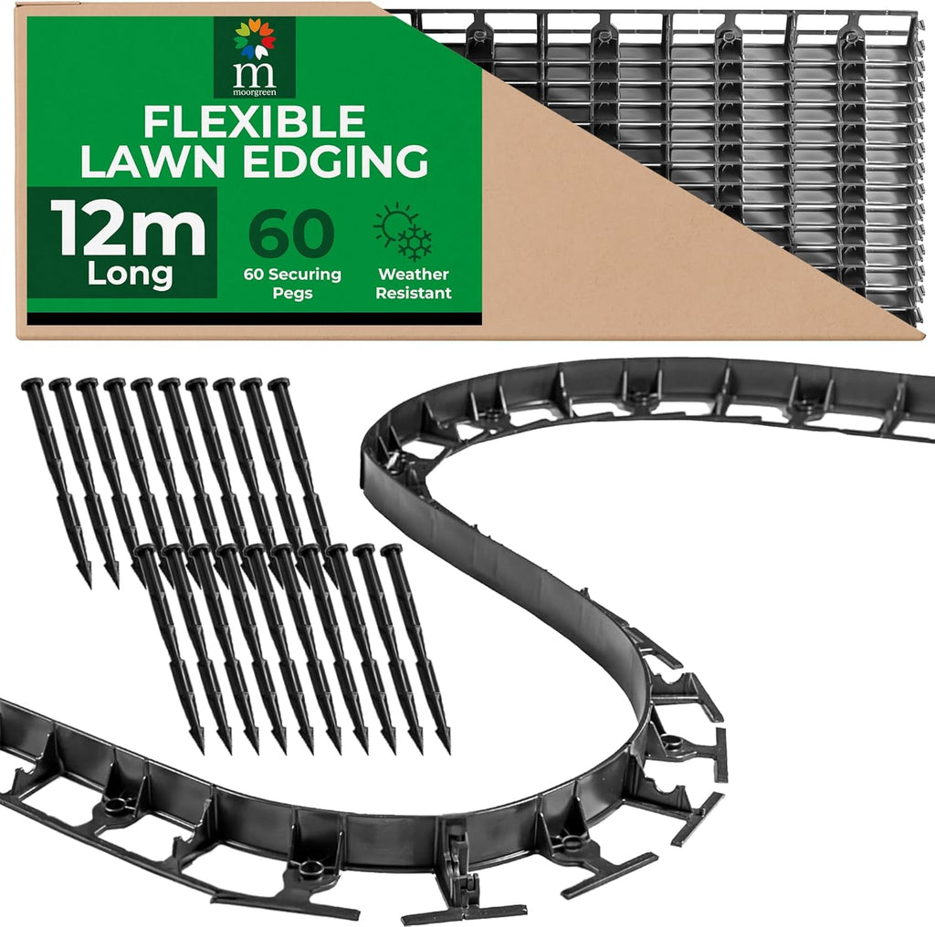 "Flexible Lawn Edging with 60 Securing Pegs, 12m Long, Weather Resistant"