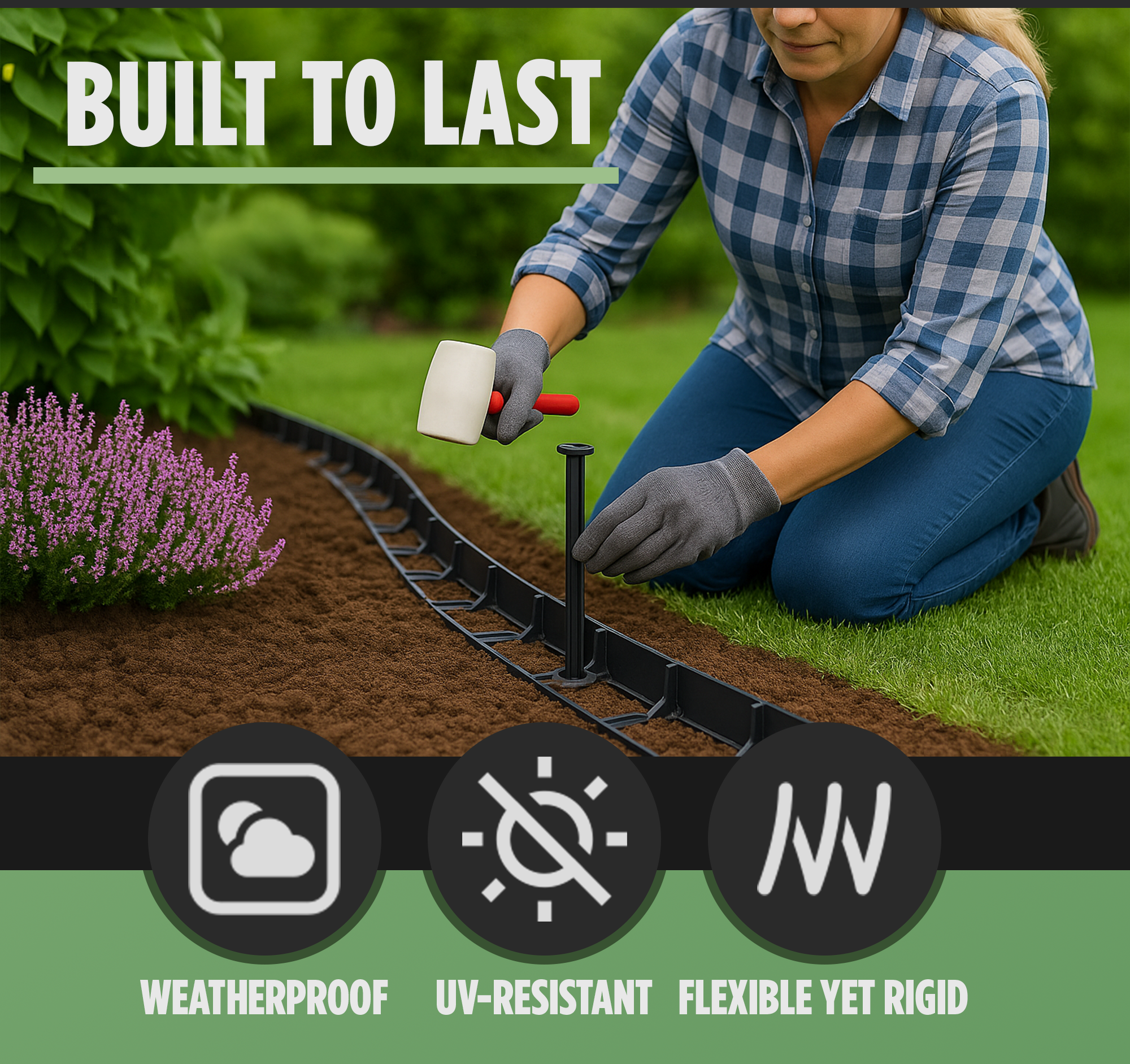 "Weatherproof, UV-resistant, and flexible yet rigid lawn edging being installed in the garden."