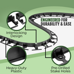Close-up of flexible lawn edging with interlocking design, heavy-duty plastic material, and pre-drilled stake holes for easy installation