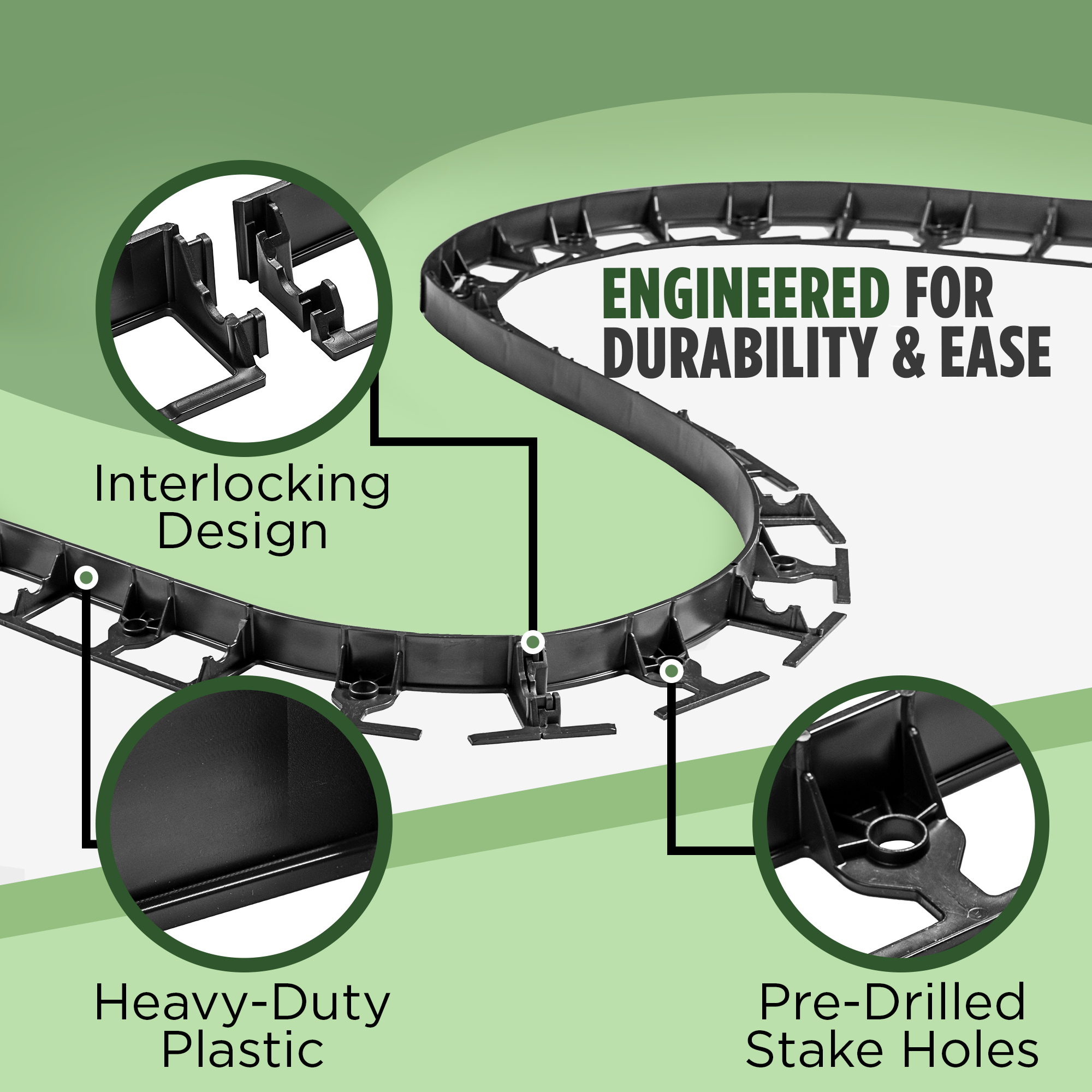 Close-up of flexible lawn edging with interlocking design, heavy-duty plastic material, and pre-drilled stake holes for easy installation