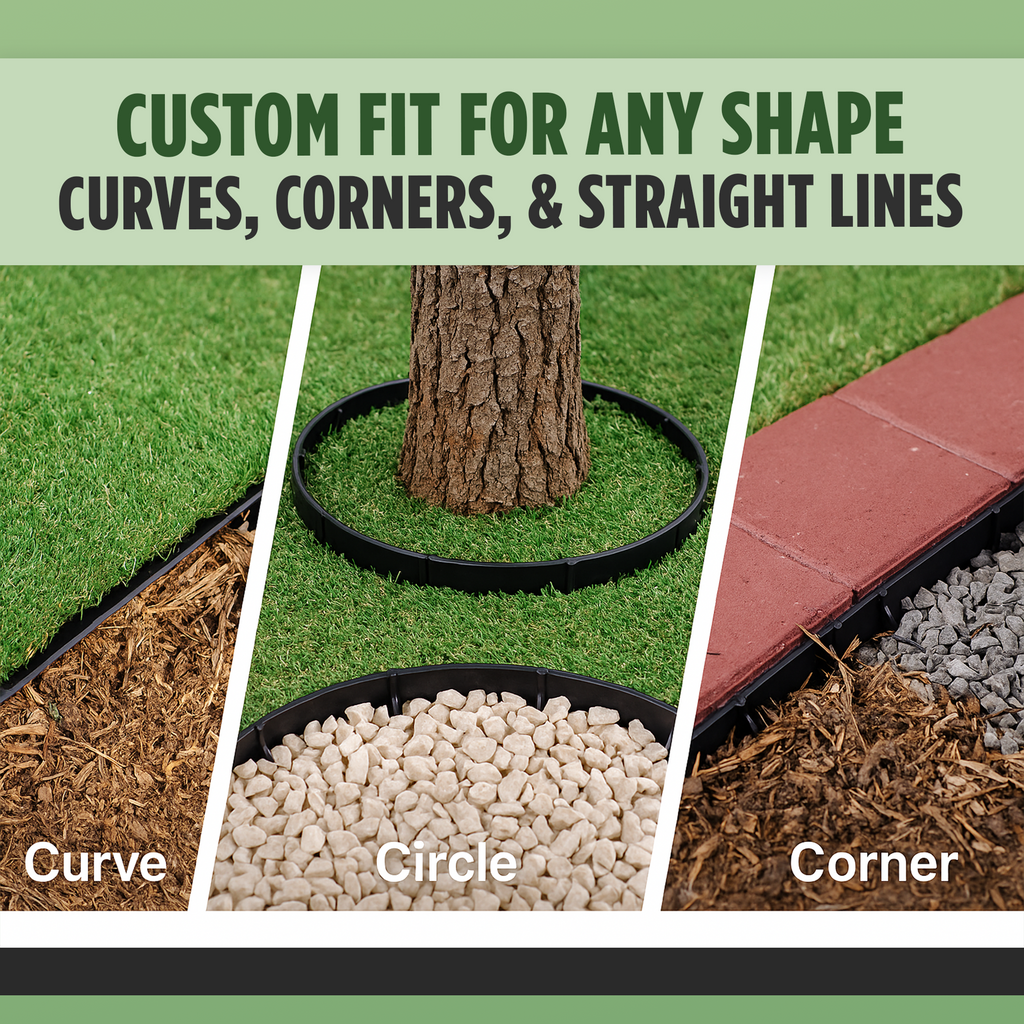 "Flexible lawn edging custom fit for any shape: curves around trees, circular garden borders, and corner alignments."