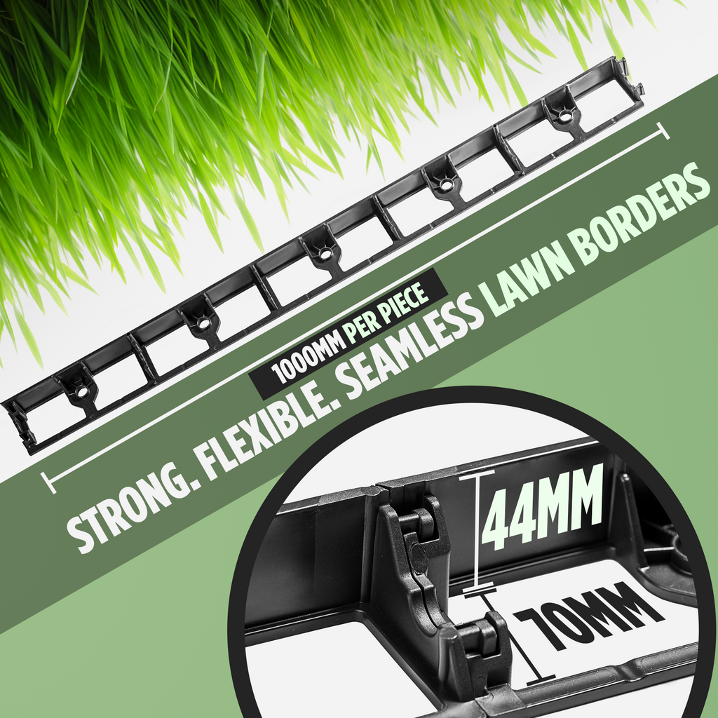 "Strong, flexible, seamless lawn borders measuring 1000mm per piece with a height of 44mm and depth of 70mm."