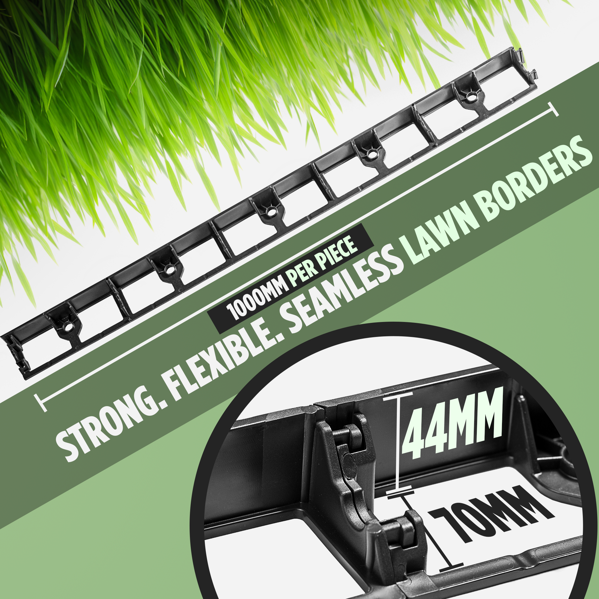 "Strong, flexible, seamless lawn borders measuring 1000mm per piece with a height of 44mm and depth of 70mm."