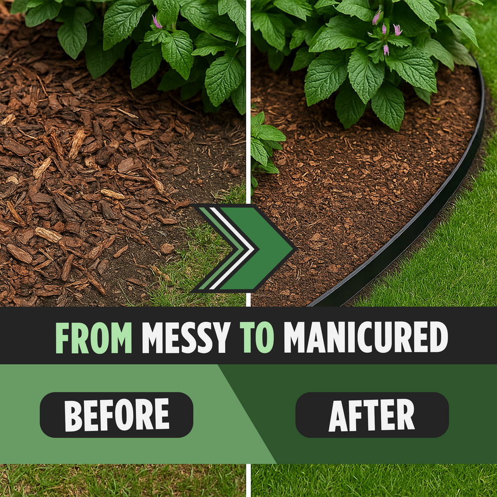 "Before and after comparison showing the transformation from messy to manicured garden edges using lawn edging."