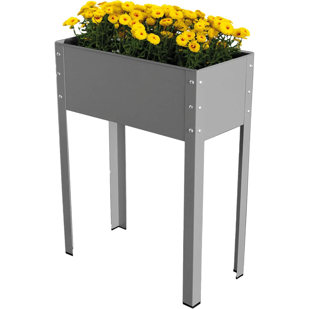 Metal Raised Garden Planter – A stylish gray metal raised garden planter with four sturdy legs, filled with vibrant yellow flowers. The planter features a sleek, modern design with visible rivets securing the corners, offering an ergonomic solution for growing plants in small spaces or elevated settings.