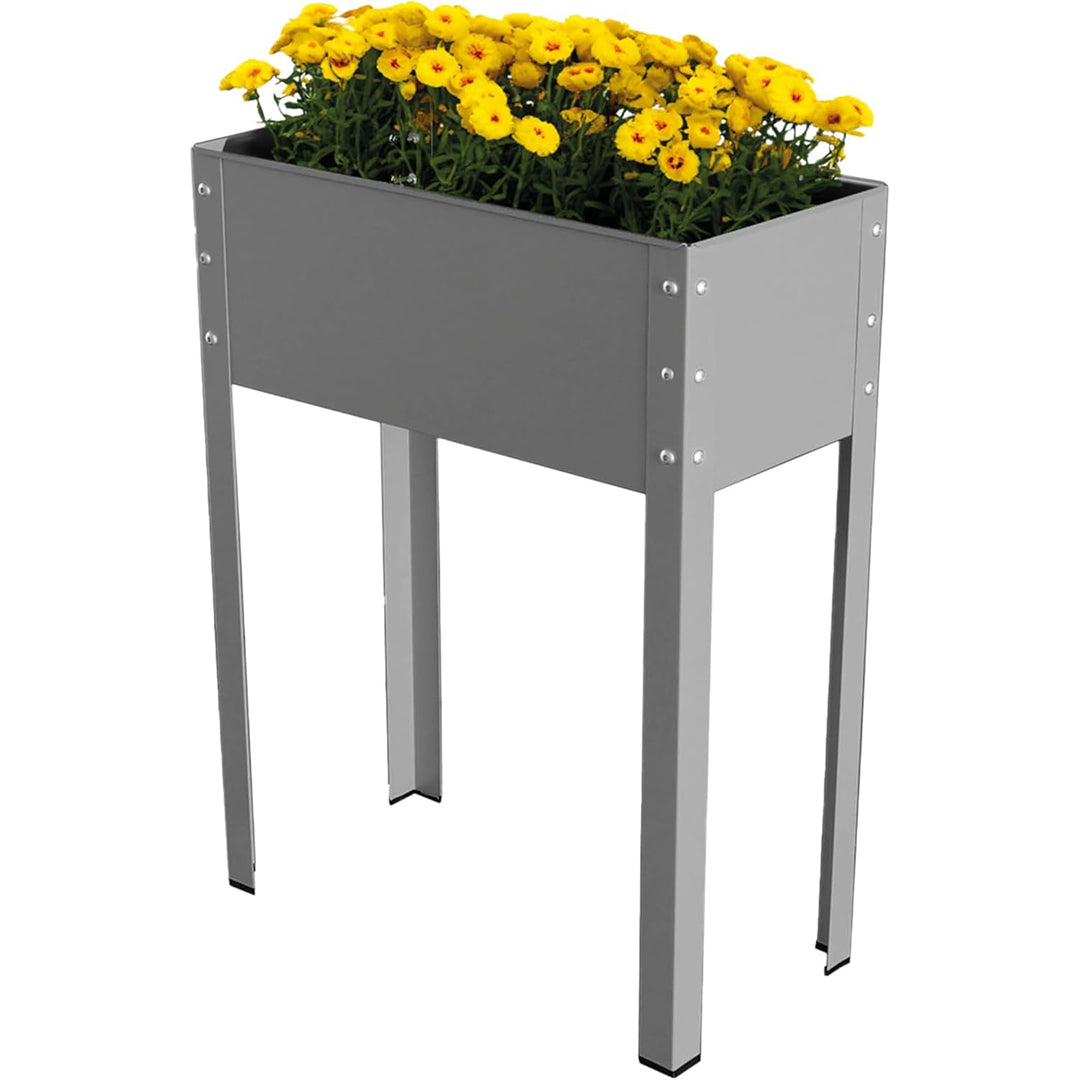 Metal Raised Garden Planter – A stylish gray metal raised garden planter with four sturdy legs, filled with vibrant yellow flowers. The planter features a sleek, modern design with visible rivets securing the corners, offering an ergonomic solution for growing plants in small spaces or elevated settings.