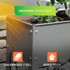 Weather-Resistant Metal Raised Garden Planter – Close-up of the metal raised garden planter made of galvanized steel, featuring a rustproof finish. The planter is shown with soil and plants, and the image highlights its weather resistance, making it durable for outdoor use. The icons emphasize its rustproof and galvanized steel construction, ideal for long-lasting gardening solutions.