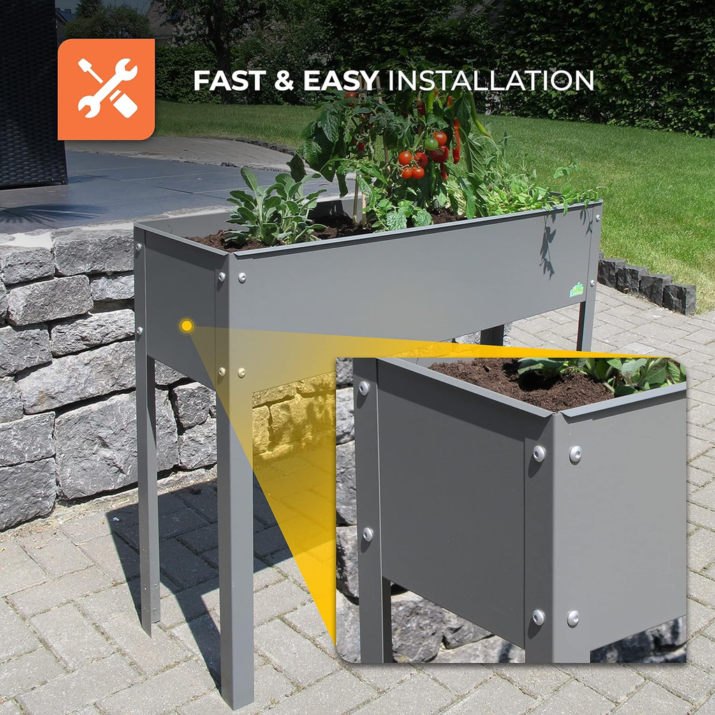 Metal Raised Garden Planter with Fast & Easy Installation – The image showcases the Biogreen Freising Metal Raised Bed, featuring a modern gray design with sturdy legs. It highlights the fast and easy installation process, with a close-up of the planter’s riveted corners for assembly. The planter is filled with thriving plants, emphasizing its suitability for gardens, patios, or small spaces. The icon indicates the simplicity of setting it up without tools.