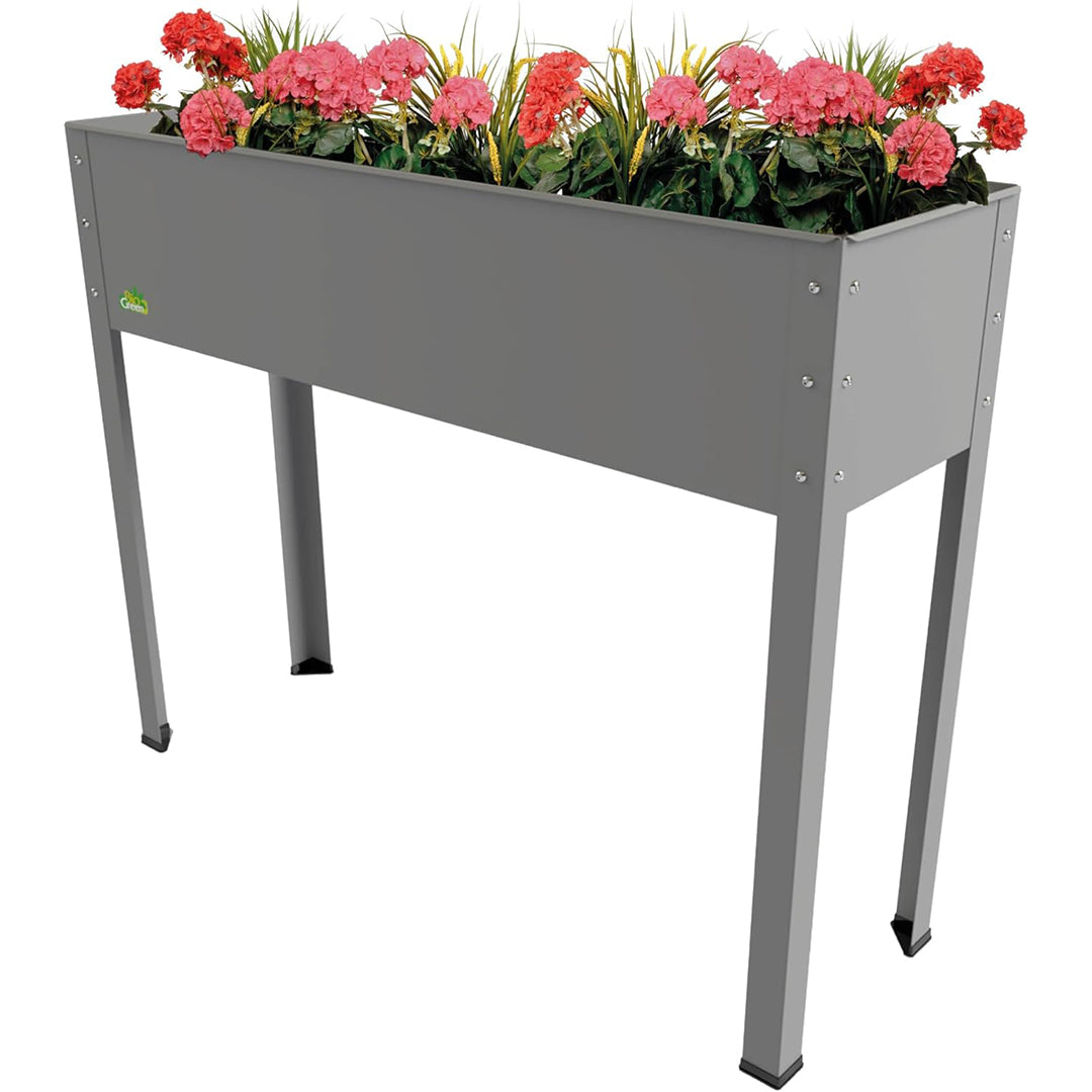 Biogreen Freising Metal Raised Bed with Flowers – The image features the Biogreen Freising Metal Raised Bed filled with vibrant flowers. The raised bed has a sleek gray design with sturdy metal legs and visible rivets, offering an ergonomic gardening solution for growing plants. The flowers in the bed add a pop of color, showcasing its functionality and aesthetic appeal in an outdoor setting.