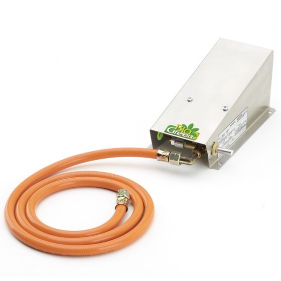 Biogreen Frost Buster Gas Heater 340W with orange hose and gas regulator attached, designed for eco-friendly greenhouse heating.