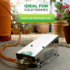 "Propane-powered heater ideal for cold frames, with a clear view of the gas connection and potted plants in the background."