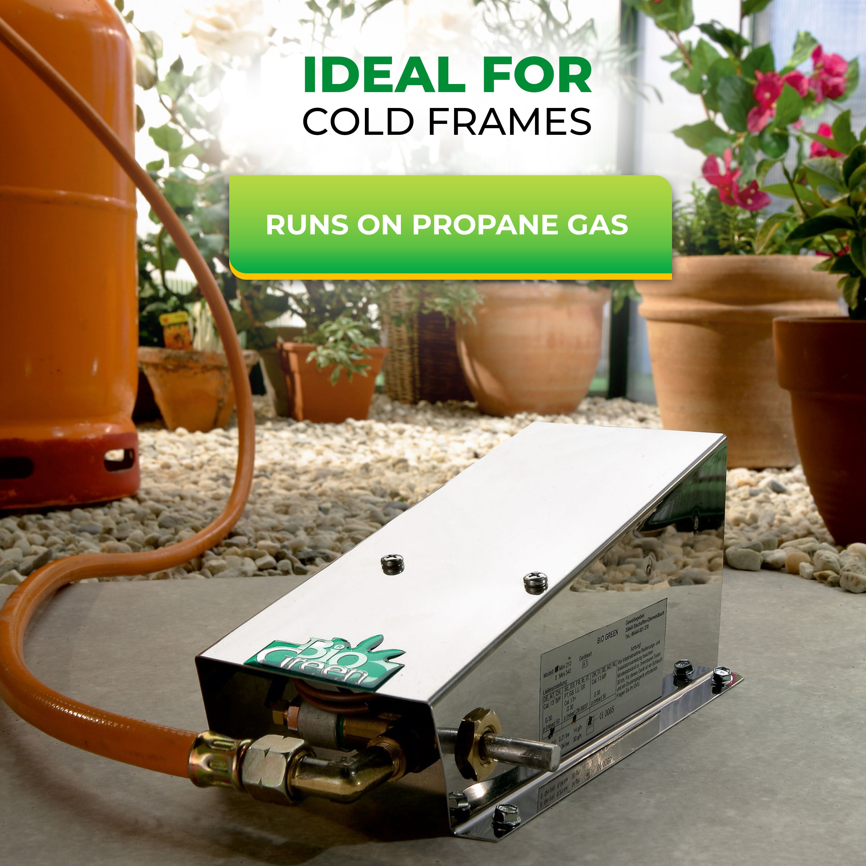 "Propane-powered heater ideal for cold frames, with a clear view of the gas connection and potted plants in the background."
