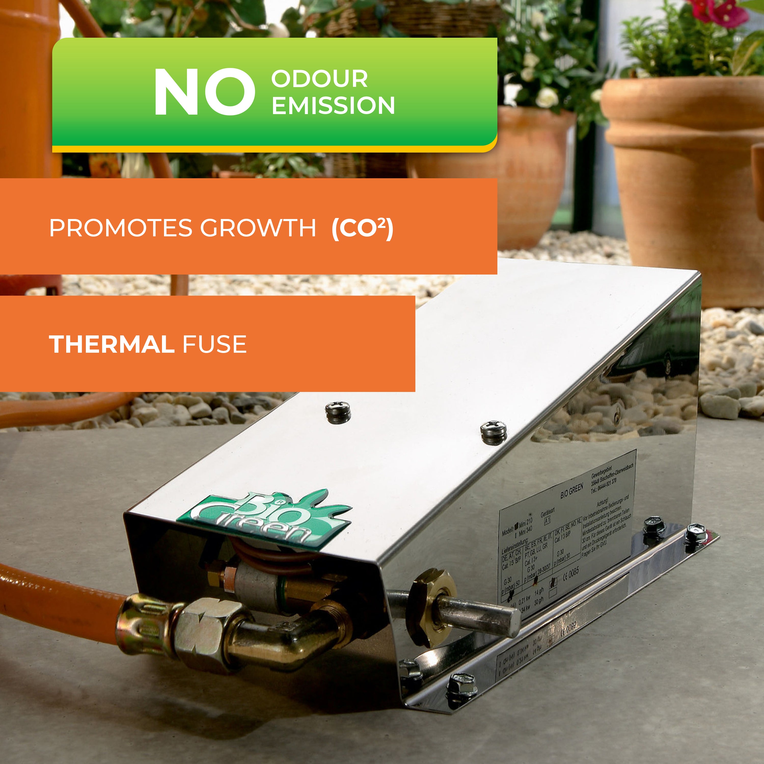 "Propane-powered heater with features highlighted: no odor emission, promotes growth with CO2, and thermal fuse. The heater is shown with a gas connection, surrounded by potted plants."