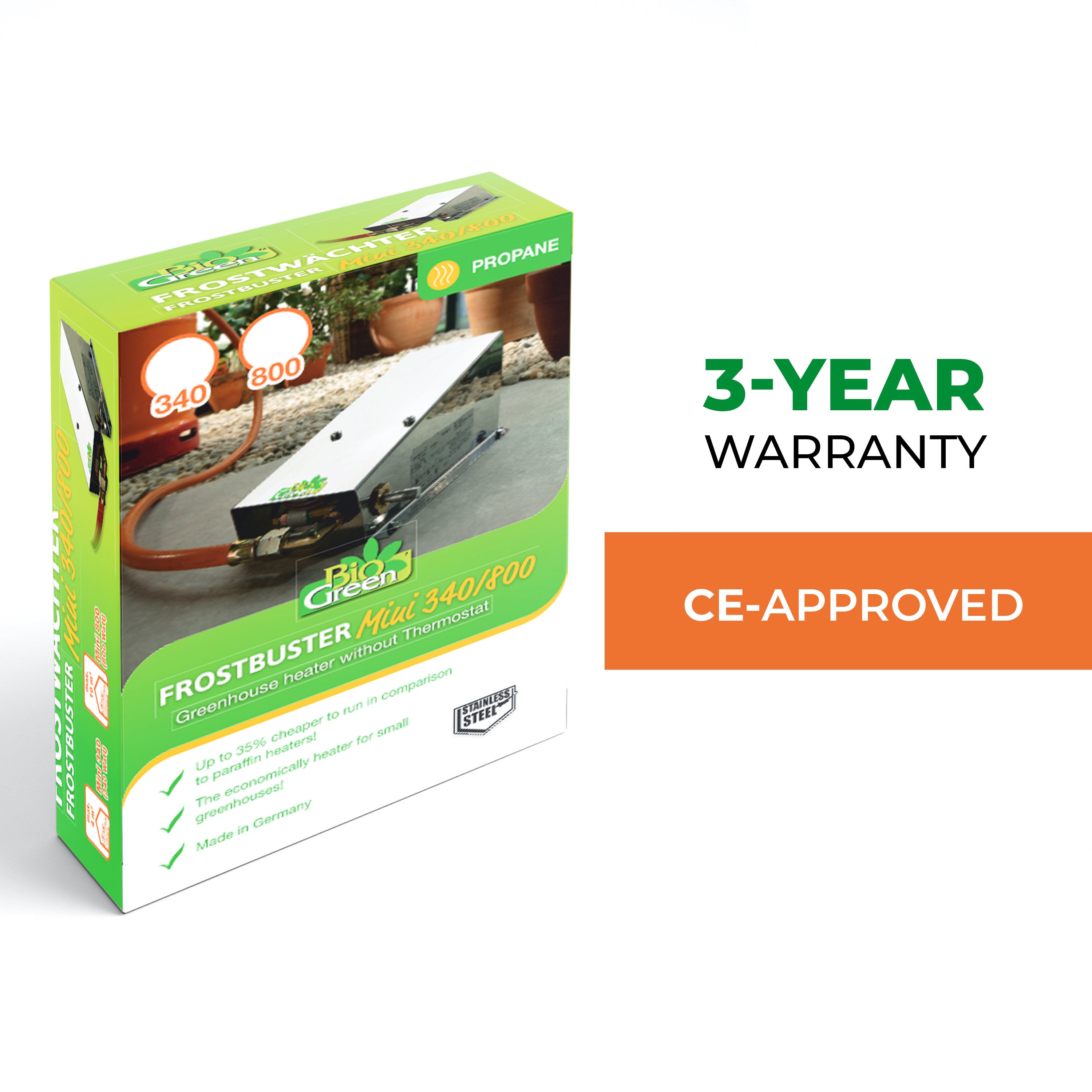"Packaging for the Bio Green Frostbuster Mini 340/800 propane greenhouse heater, featuring a 3-year warranty and CE approval label, with a picture of the product and details about its energy efficiency and German manufacturing."