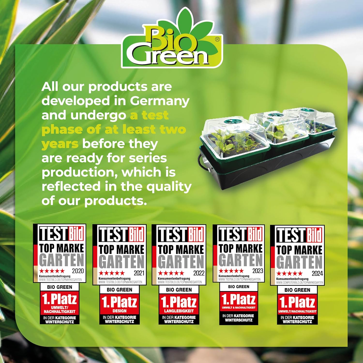 Biogreen Product Quality and Awards – The image features the Biogreen logo and highlights the brand's commitment to quality. It mentions that all products are developed in Germany and undergo a rigorous two-year testing phase before being mass-produced. The image also displays several awards, including "Top Marke Garten" and "1. Platz" from TEST Bild, awarded in 2020, 2021, 2022, 2023, and 2024, showcasing the brand’s recognition for excellence in garden products.