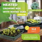 Biogreen Hollandia Heated Growing Box with Water Tank – The image features the Biogreen Hollandia Heated Growing Box, designed for growing vegetables. It showcases the watering process with a green watering can and highlights key features: ventilation openings for optimal airflow and a 12.5-watt power output. The box includes a water tank to ensure plants receive the perfect amount of moisture for healthy growth.