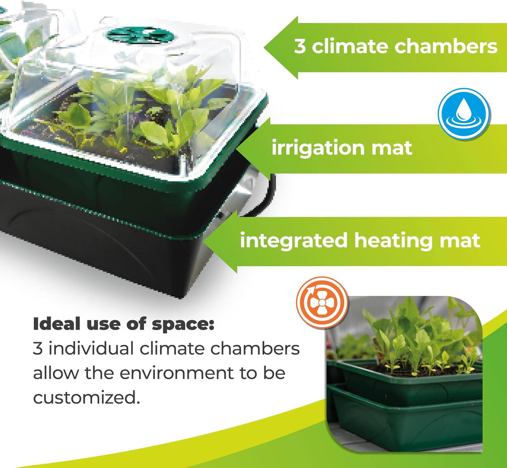 Biogreen Hollandia Heated Growing Box Features – The image highlights the features of the Biogreen Hollandia Heated Growing Box. It includes three climate chambers for customized temperature control, an irrigation mat for consistent watering, and an integrated heating mat to maintain optimal growth conditions. The system is designed for efficient use of space, allowing gardeners to create the perfect environment for their plants.
