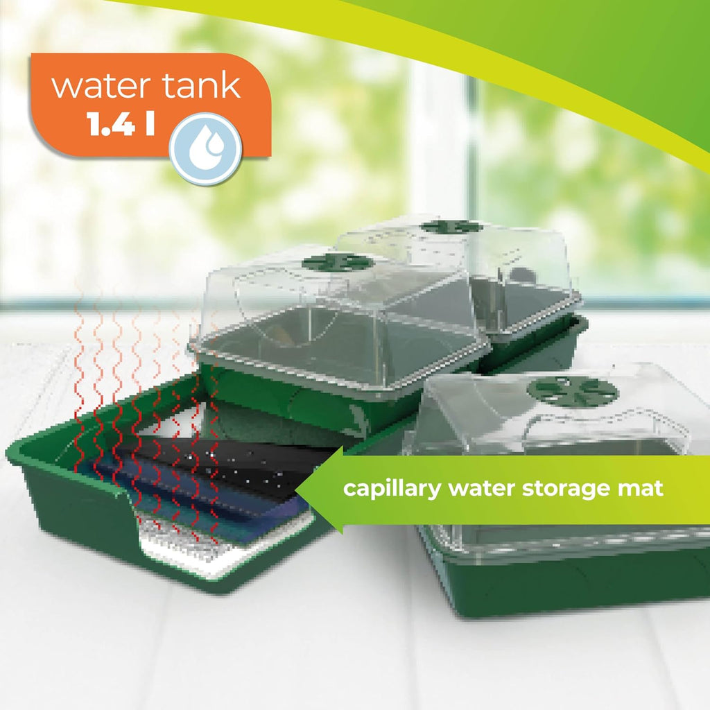 Biogreen Hollandia Heated Growing Box with Water Tank – The image showcases the Biogreen Hollandia Heated Growing Box, highlighting the 1.4L water tank for efficient moisture management. It also features the capillary water storage mat, which ensures consistent water distribution to the plants. The system uses integrated heating and water storage to provide optimal growing conditions.