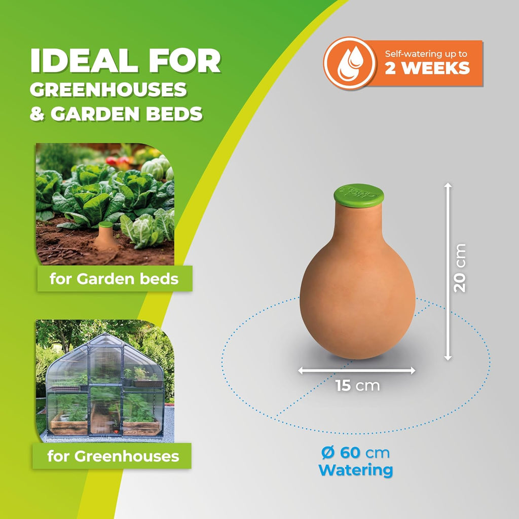 Hydro Max Watering Vessel – Self-Watering for Garden Beds and Greenhouses – The image shows the Hydro Max Watering Vessel, ideal for garden beds and greenhouses, providing self-watering for up to 2 weeks. The vessel's dimensions (20 cm height and 15 cm width) are highlighted, along with a 60 cm watering radius. The image also includes visual references for its use in garden beds and greenhouses.